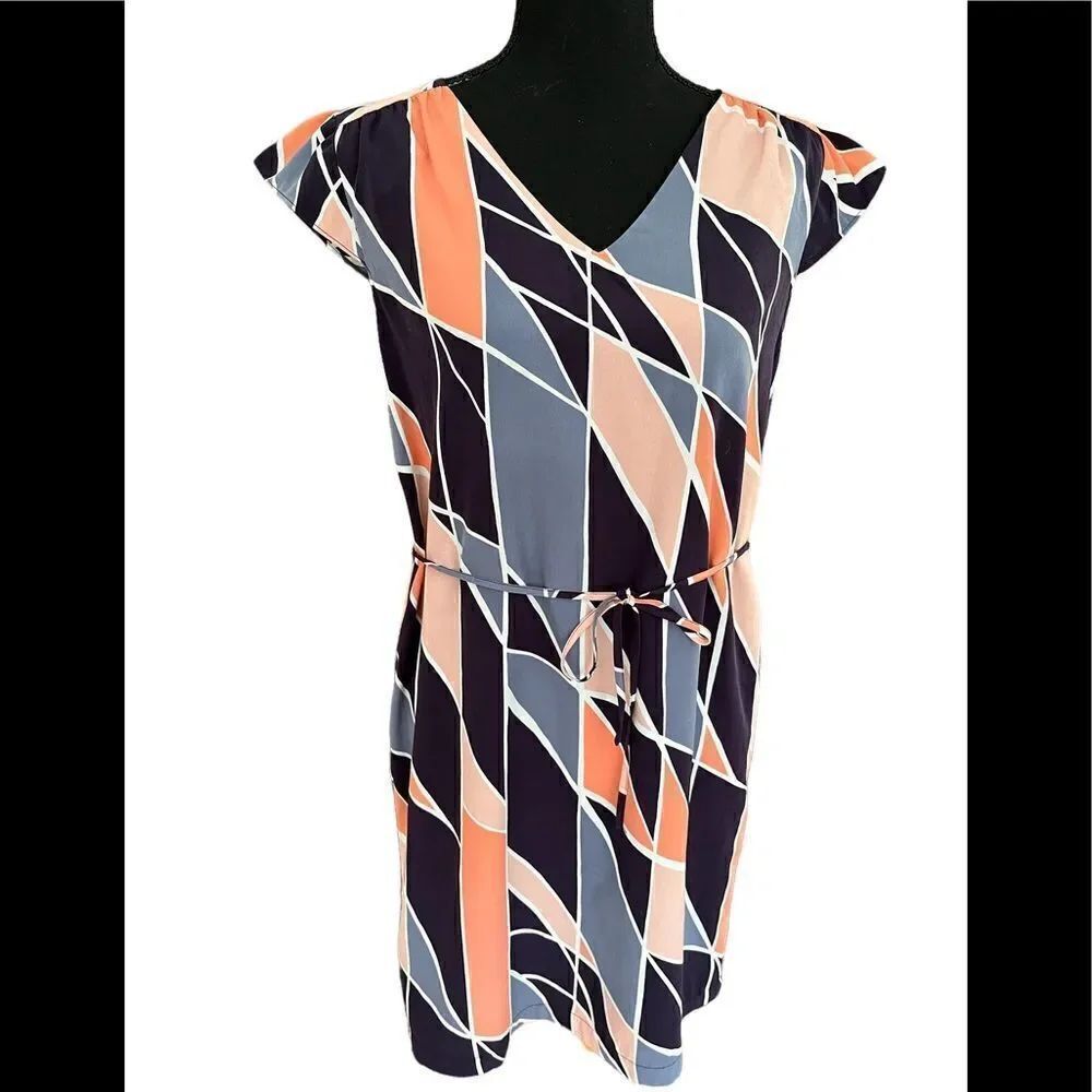 Banana Republic cap sleeved v neck abstract pattern dress with tie belt, size 2
